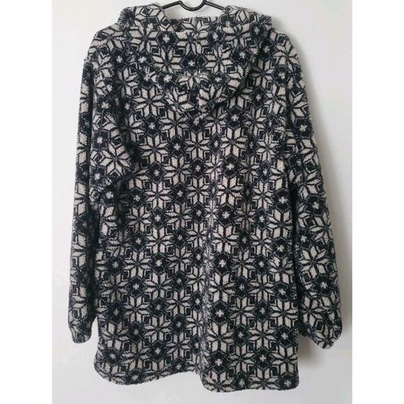 Lands End Womens M 10-12 Full Zip Fleece Jacket Coat Black & White Pockets Hood - Picture 8 of 9